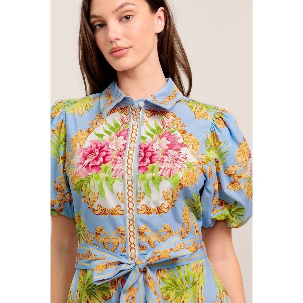 NEW FLYING TOMATO versailles garden midi dress in light blue multi - Picture 7 of 7